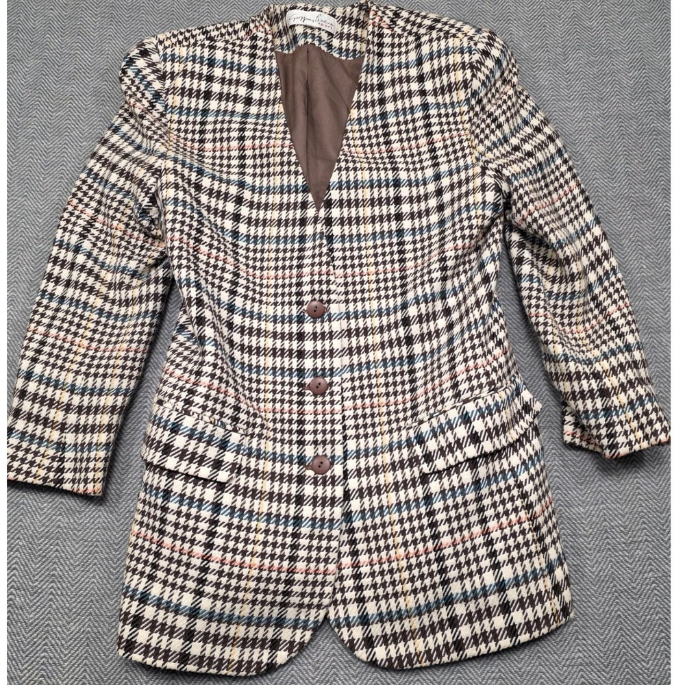 Geoffrey Beene Sport Vintage Plaid Collarless Blazer Brown Wool Blend Size 8 USA
